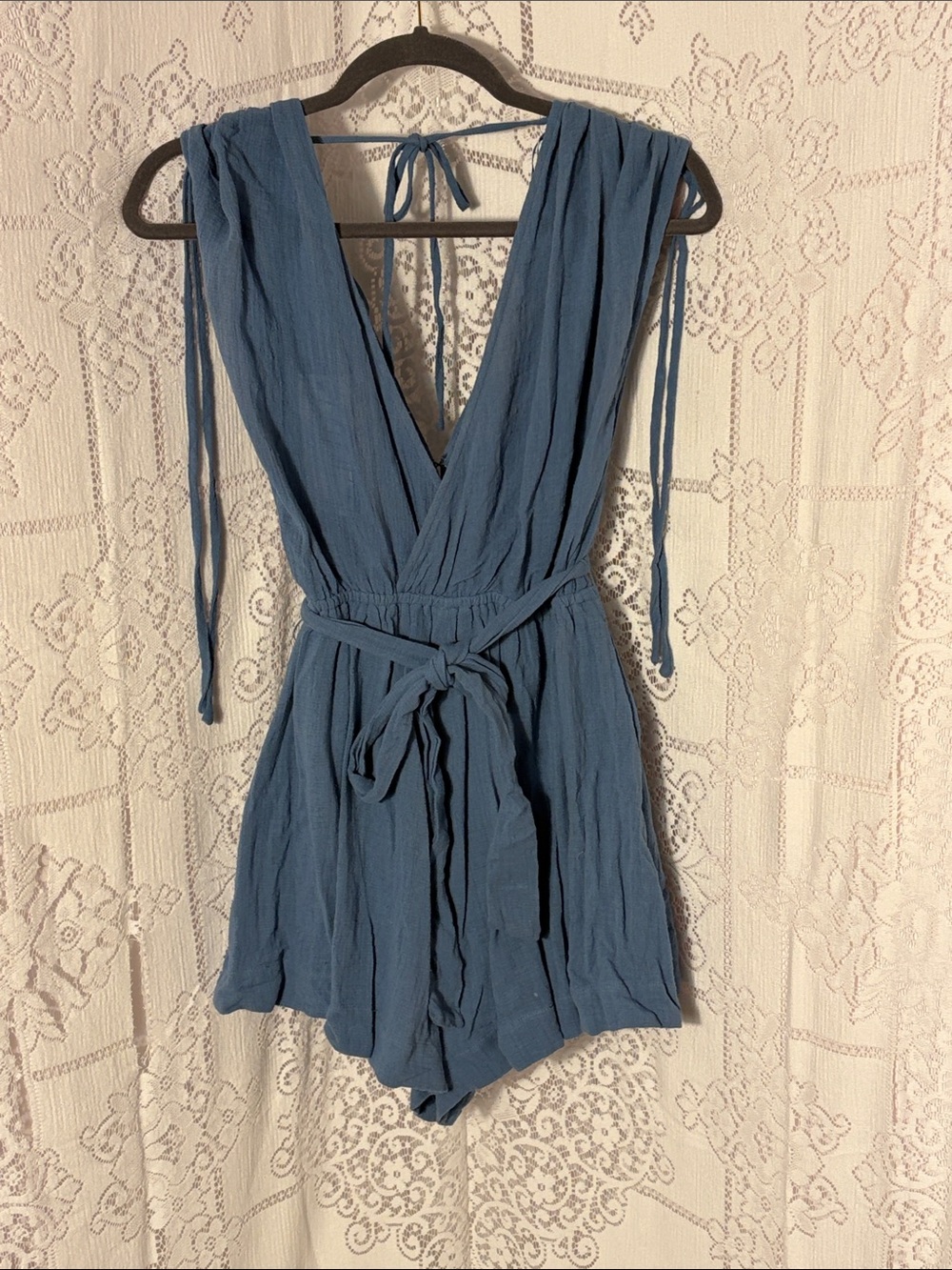 Lush Blue Sleeveless Tie-Waist Romper